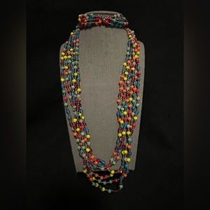 Multi Strands of Multi Colored Beads Necklace and Matching Stretchy Bracelet